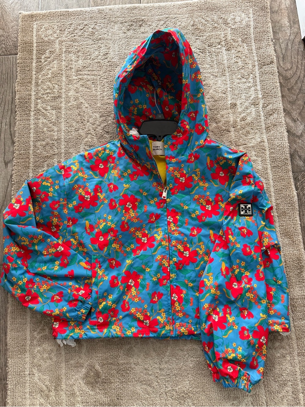 New tory burch printed cropped nylon windbreaker blue wildflower